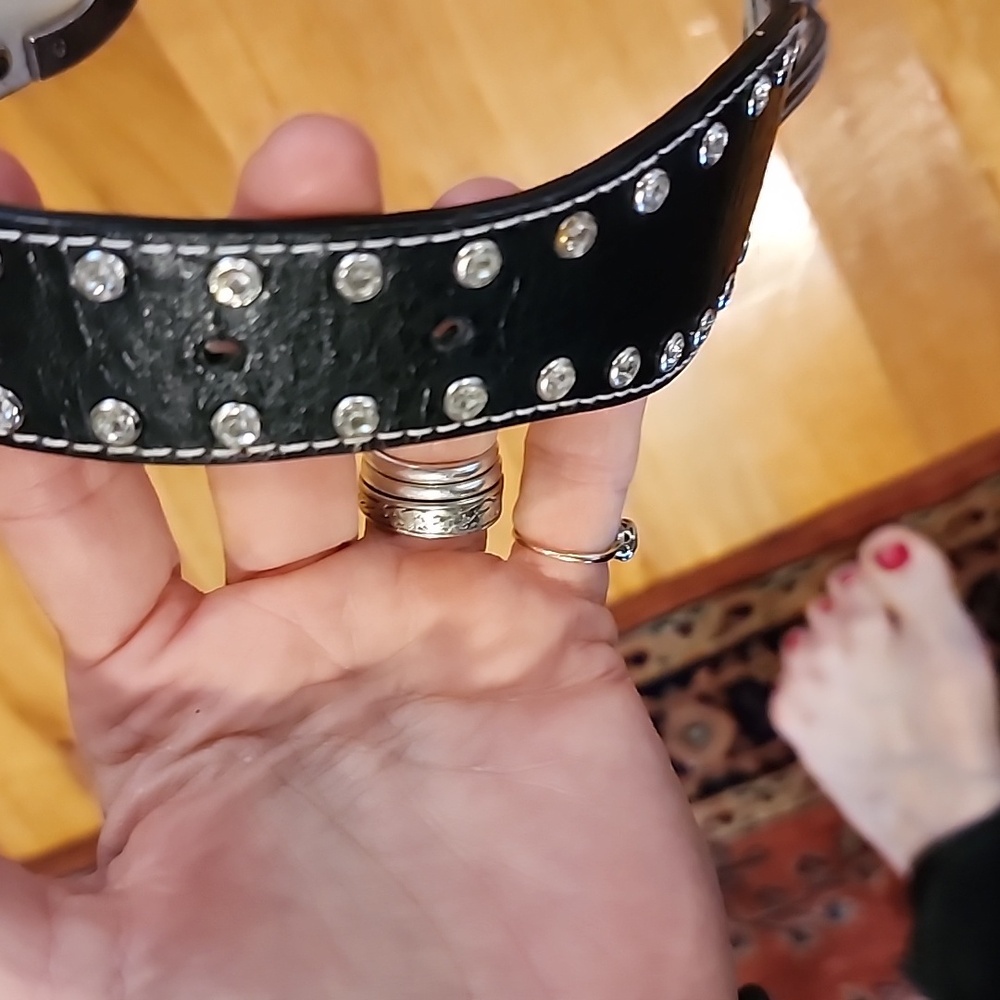 Black Genuine Leather w Silver & Rhinestones Women's Belt Sz Medium Classy Glitz